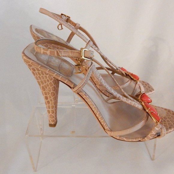 CHRISTIAN DIOR TAN CROC. EMBOSSED JEWELED SANDALS / EU 39 - Picture 4 of 5